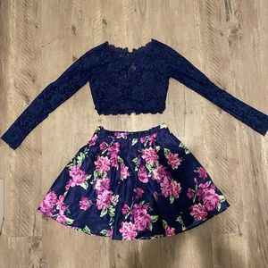 TWO PIECE LACE SPARKLY TOP AND FLORAL SKIRT SET